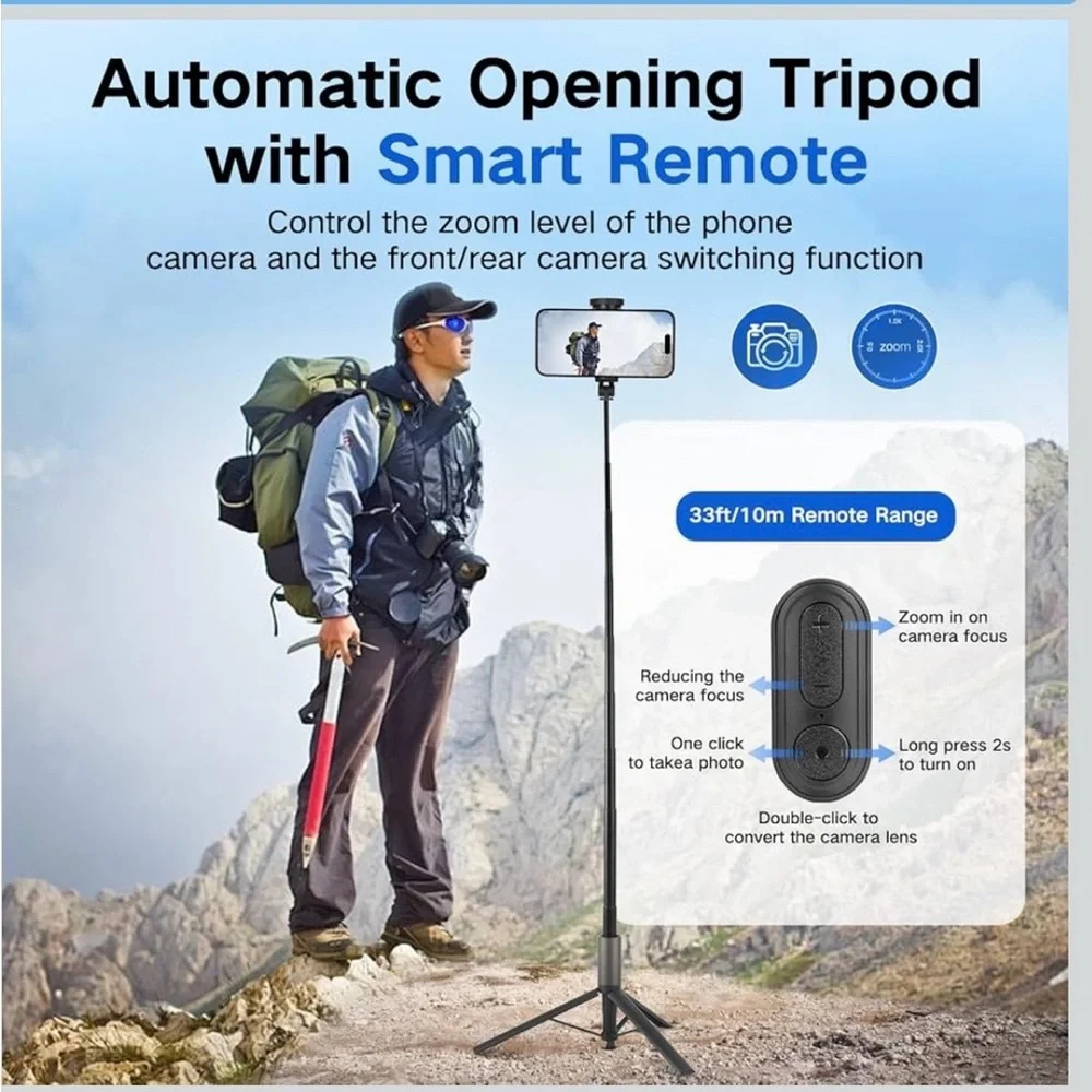 62” Inch Selfie Stick Tripod Auto Open Stand with magnetic remote-Open Box